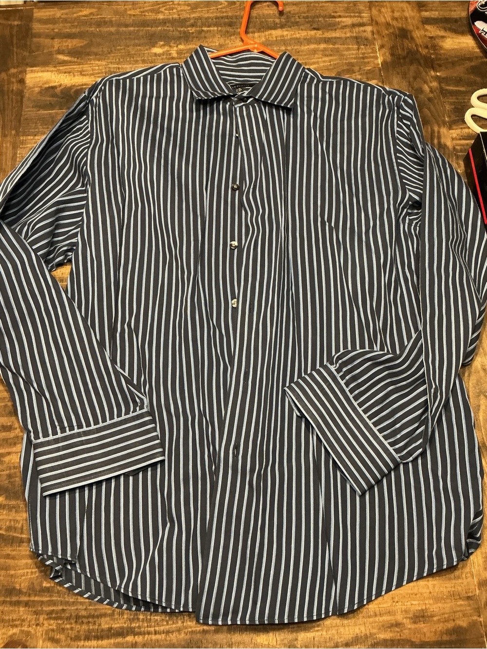 Van Heusen Navy and White Vertical Stripe Dress Shirt